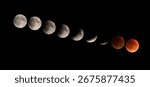 Various phases of a total lunar eclipse, blood moon, astrophotography. Low angle view of moon at night, Ching Mai, Thailand