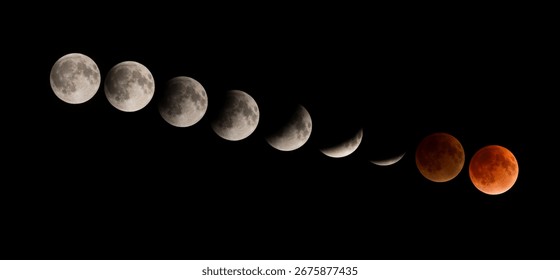 Various phases of a total lunar eclipse, blood moon, astrophotography. Low angle view of moon at night, Ching Mai, Thailand