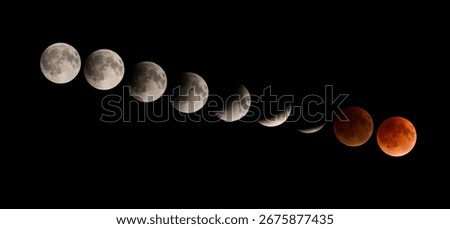 Various phases of a total lunar eclipse, blood moon, astrophotography. Low angle view of moon at night, Ching Mai, Thailand