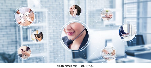 Various Photo Collections Of Employment Of Different Jobs And Work Ethics Title Concept, Teamwork Innovation Idea Planning Contact, Call Center Help And Support Provider, Office Background Banner.