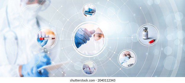 Various Photos Medical Healthcare Science Research And Development Microscope Computer Technology Concept, Developing Medicine Medication For People Sickness Illness Disease, Blue Banner Background.