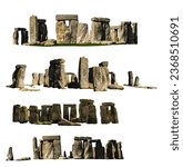 Various photos of Stonehenge, prehistoric monument in Wiltshire, England, isolated on white background
