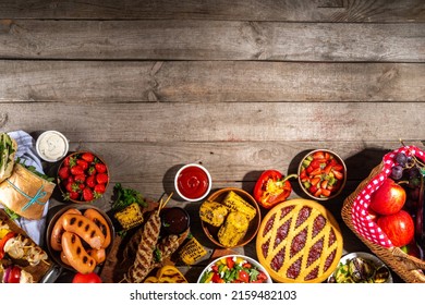 Various Picnic Barbeque Food And Drink Flatlay. Summer Bbq Picnic Food, Assorted Grilled Meats, Kebabs, Vegetable, Fruit Salad, Traditional Picnic Summer Pie Cake, Sandwiches, Top View Copy Space