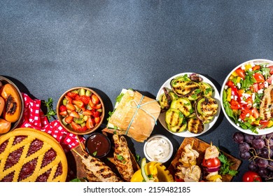 Various Picnic Barbeque Food And Drink Flatlay. Summer Bbq Picnic Food, Assorted Grilled Meats, Kebabs, Vegetable, Fruit Salad, Traditional Picnic Summer Pie Cake, Sandwiches, Top View Copy Space