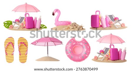 Various pink beach items placed in sand for summer fun, PNG