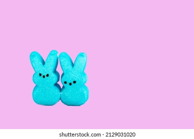 Various Pink And Blue Marshmallow Easter Candy On Colorful Backgrounds