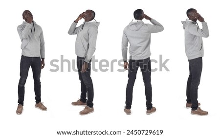 various poses of a group of same man thinking and looking up on white background