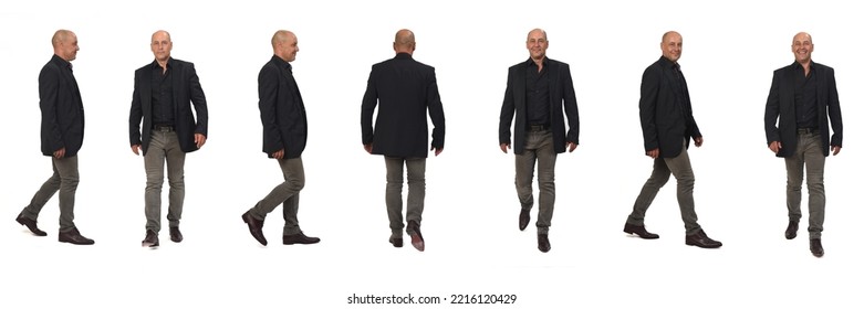 various poses of a large group of same man with blazer and jeans walking on white background - Shutterstock ID 2216120429
