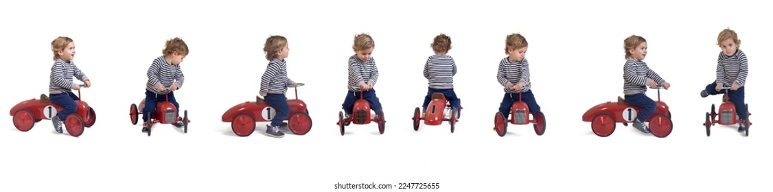 various poses of large group of same baby boy playing with car toy on white background