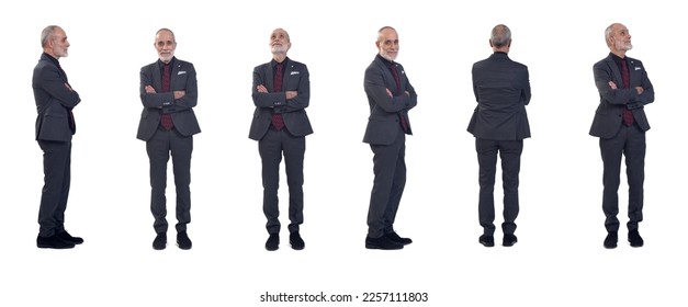 various poses of the large group of the same man standing and arms crossed on white background