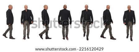 various poses of a large group of same man with blazer and jeans walking on white background