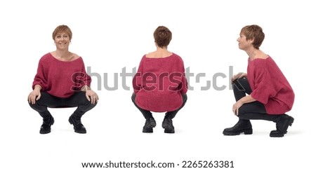 various poses on same woman squatting on white background