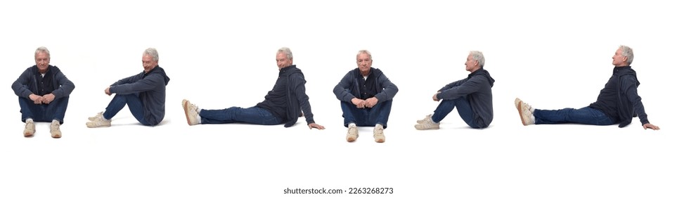 various poses of same man sitting on the floor on white background - Powered by Shutterstock