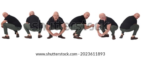 various poses of  same man squatting on white background