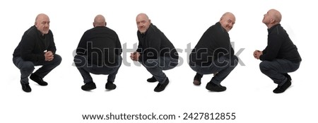 various poses of same man squatting on white background