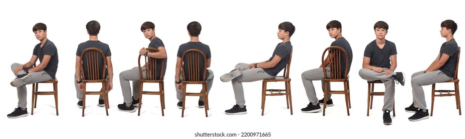 various poses of same teen sitting on chair on white bacground - Shutterstock ID 2200971665