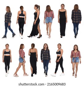 Various Poses Of The Same Woman Walking With Different Outfits On White Background