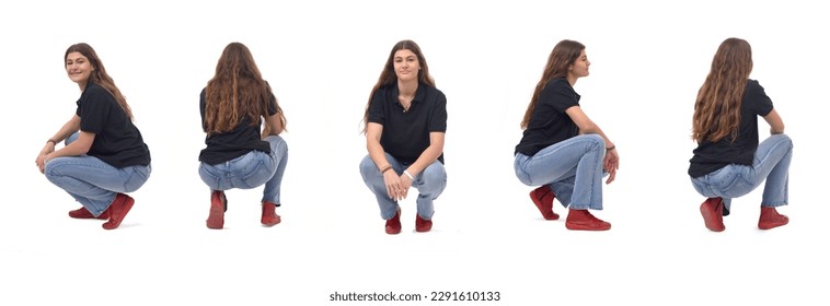 various poses of same young girl long-haired squatting on white background