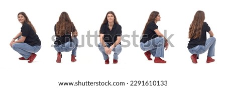 various poses of same young girl long-haired squatting on white background