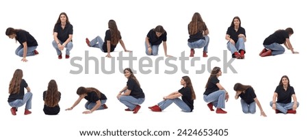 various poses of the same yung woman kneeling, squatting and sitting on white background