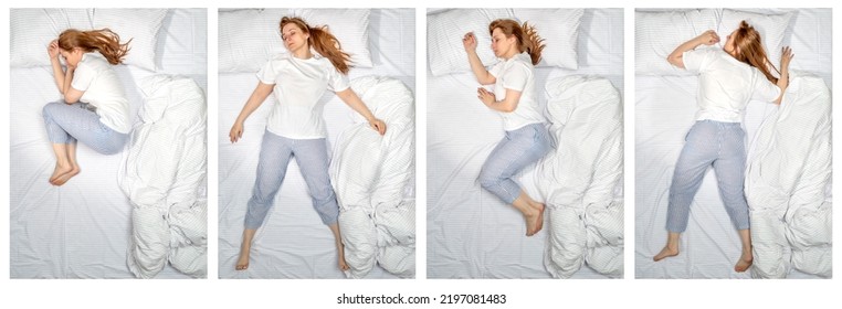 Various poses of a sleeping woman. Female side sleeper fetal position, on the back, on her side, face down on stomach in bed. Deep restful sleep. Girl lying in a nightie pajamas on white bed linen. - Shutterstock ID 2197081483