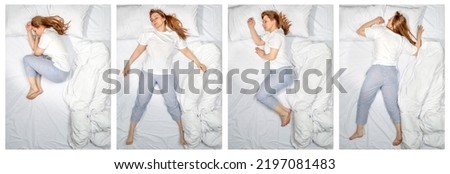 Various poses of a sleeping woman. Female side sleeper fetal position, on the back, on her side, face down on stomach in bed. Deep restful sleep. Girl lying in a nightie pajamas on white bed linen.