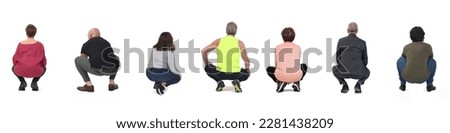  various poses of woman and men squatting on white background