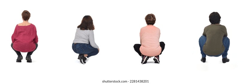  various poses of woman squatting on white background