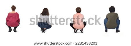  various poses of woman squatting on white background