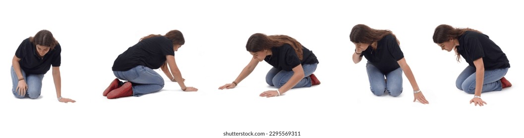 various poses of young same girl who is on her knees on the floor looking for something on a white background