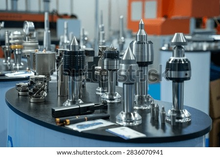 Various precision machining tools displayed on a round worktable