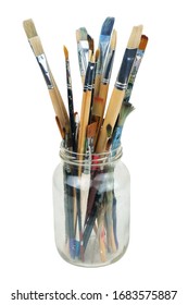 Various Professional Paint Brushes In The Transparent Jar, Isolated On White Background