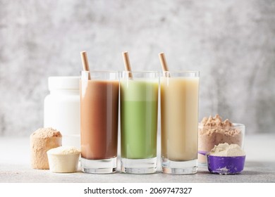 Various Protein sport shake and powder. Fitness food and drink. - Shutterstock ID 2069747327