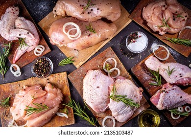 Various Raw Chicken Meat Portions. Set Of Uncooked Chicken Fillet, Thigh, Wings, Strips And Legs On Cooking Table Background With Spices 