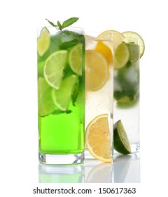 various refreshing drinks isolated on white background