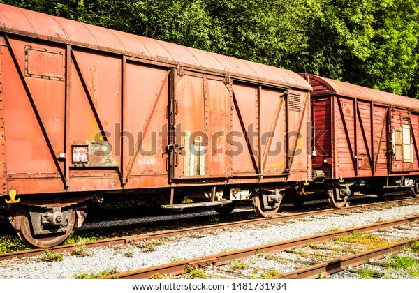 Various rusted wagons and train on the tracks at\
the lost railway\
station