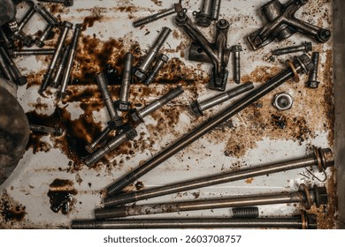 Various rusty hardware items and tools laid out across a wellused workbench surface