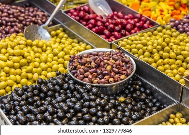 Various salted olives on the Mahane Yehuda Market in Jerusalem.