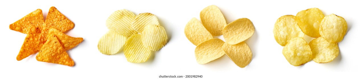 Various salted potato chips isolated on white background, top view - Powered by Shutterstock