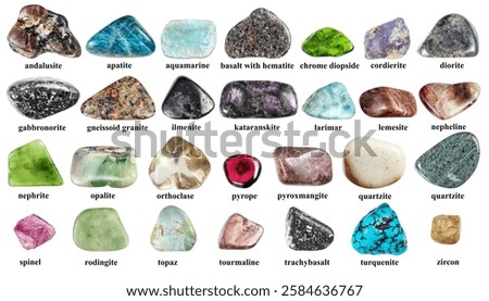 various samples of polished rocks with names cut out on white background (andalusite, apatite, topaz, gabbronorite, kataranskite, basalt, quartzite, trachybasalt, lemesite, pyroxmangite, zircon, etc)