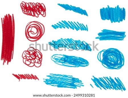 Various scribbles and strokes made with red and blue marker on isolated background