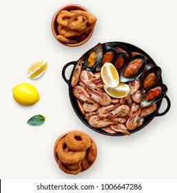 Various Seafood Snacks Platter Isolated On White Background. Shrimps, Mussels And Crunchy Fried Onion Rings In Separate Bowls. Cutout For Beer Pub Menu, Top View