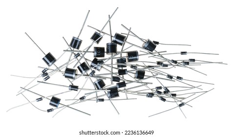 Various semiconductor silicon rectifier diodes isolated on a white background. Group of different types and sizes two-terminal electronic components as Zener or Schottky diode. Electrical engineering.