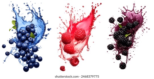 Various sets of Raspberry blueberry and blackberry with juice splash isolated.