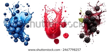 Various sets of Raspberry blueberry and blackberry with juice splash isolated.