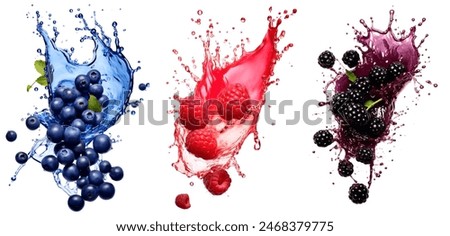 Various sets of Raspberry blueberry and blackberry with juice splash isolated.