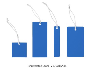 Various shape of blank blue paper label or cloth tag set isolated on white background. Price tag mockup template with copy space for brand, information. Shopping, sale concept, black friday sale. - Powered by Shutterstock