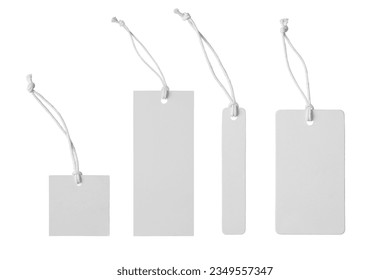 Various shape of blank white paper label or cloth tag set isolated on white background. Price tag mockup template with copy space for brand, information. Shopping, sale concept, black friday sale. - Shutterstock ID 2349557347