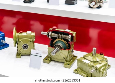 Various shape and cross section show detail cogs bearing and other inside of worm gear or gearbox or reducer gear for industrial