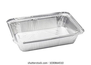 Various Shape Of The Foil For Food. Aluminum Box. Selective Focus. Isolated.